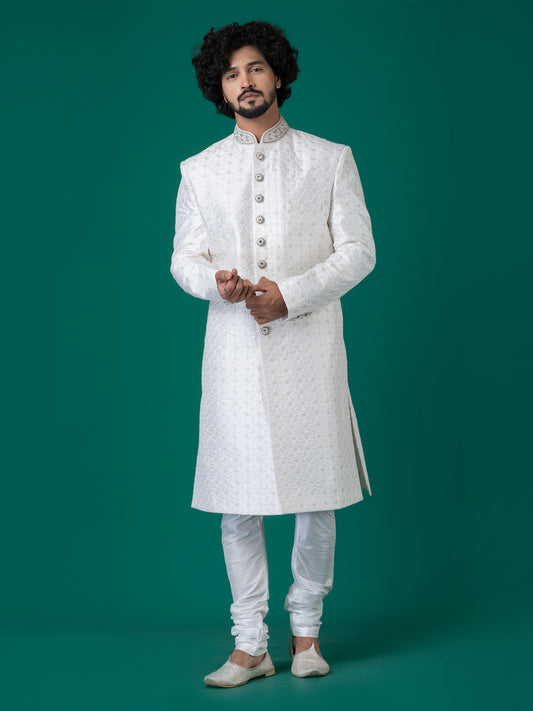 Lustrous Bleached White Sherwani with Neck Handwork