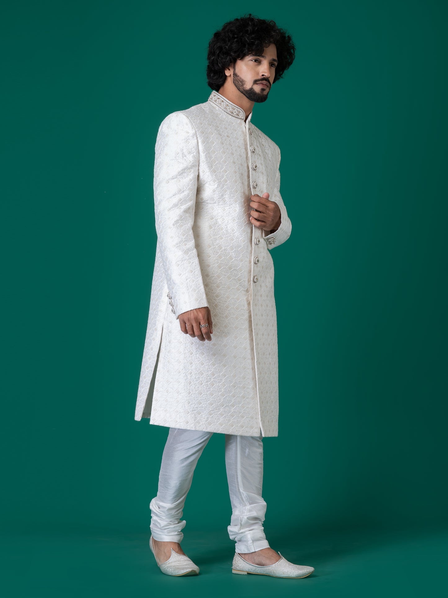 Lustrous Bleached White Sherwani with Neck Handwork