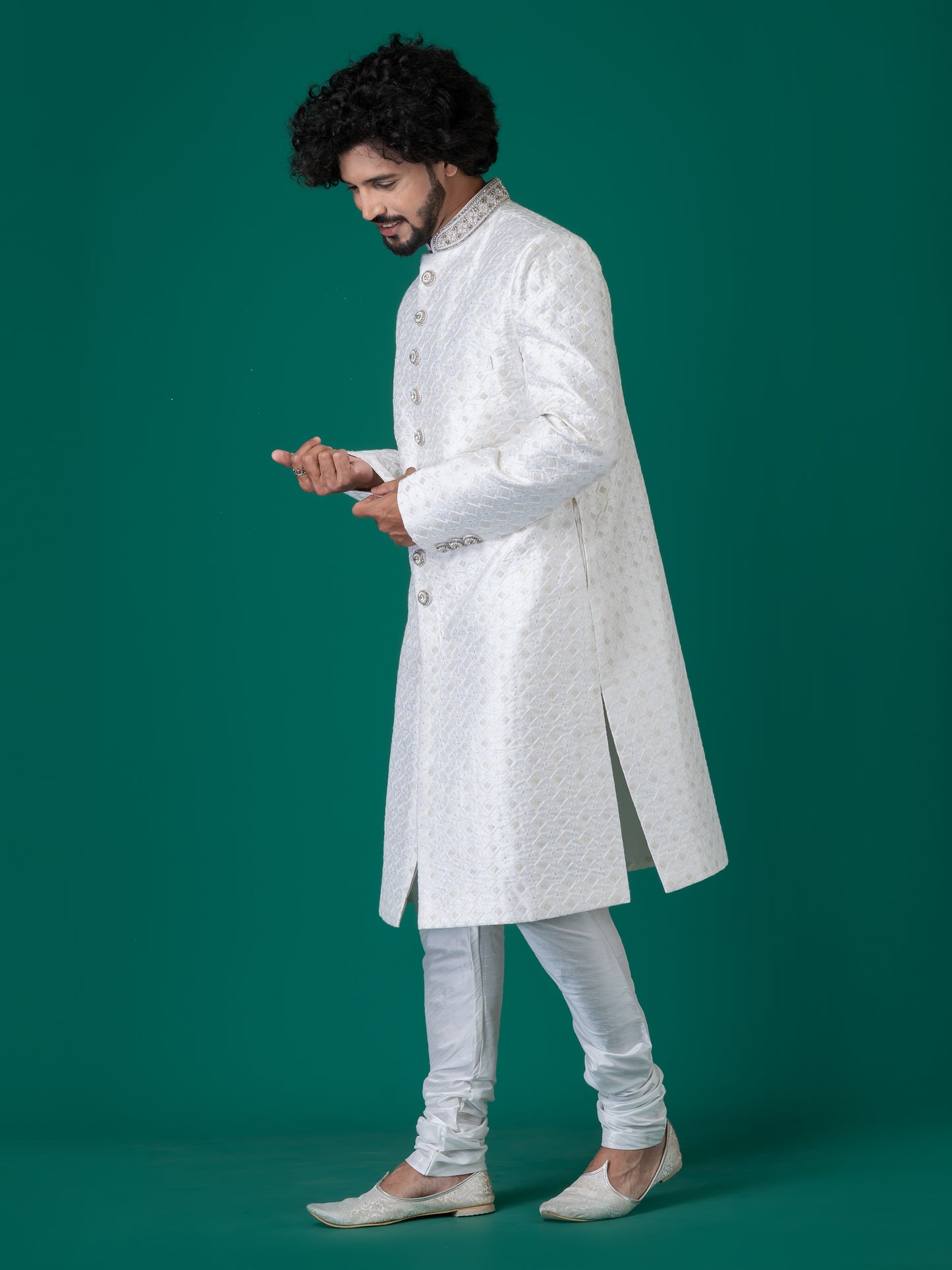 Lustrous Bleached White Sherwani with Neck Handwork