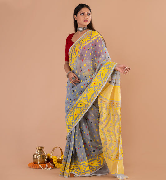 Elegant Grey Tant Jamdani Cotton Saree