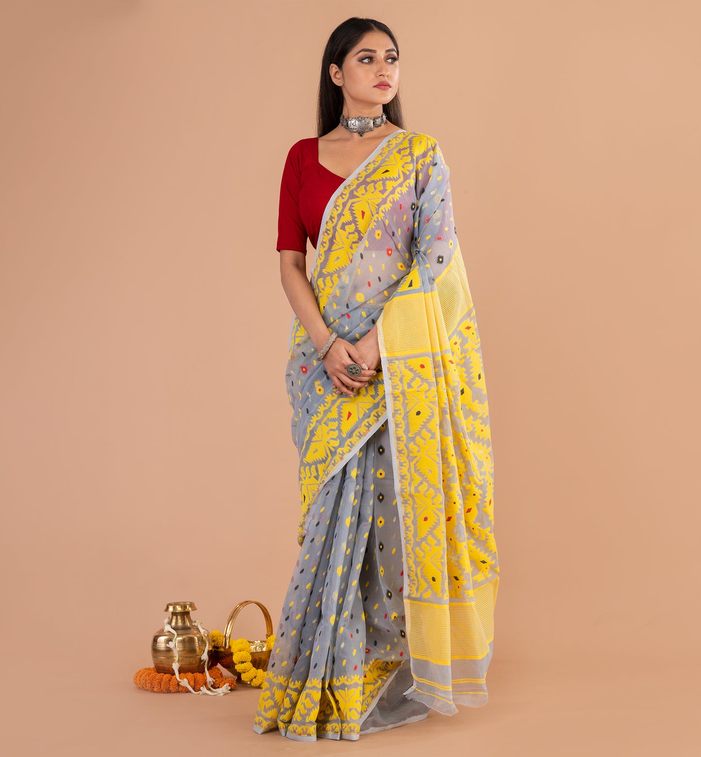Elegant Grey Tant Jamdani Cotton Saree