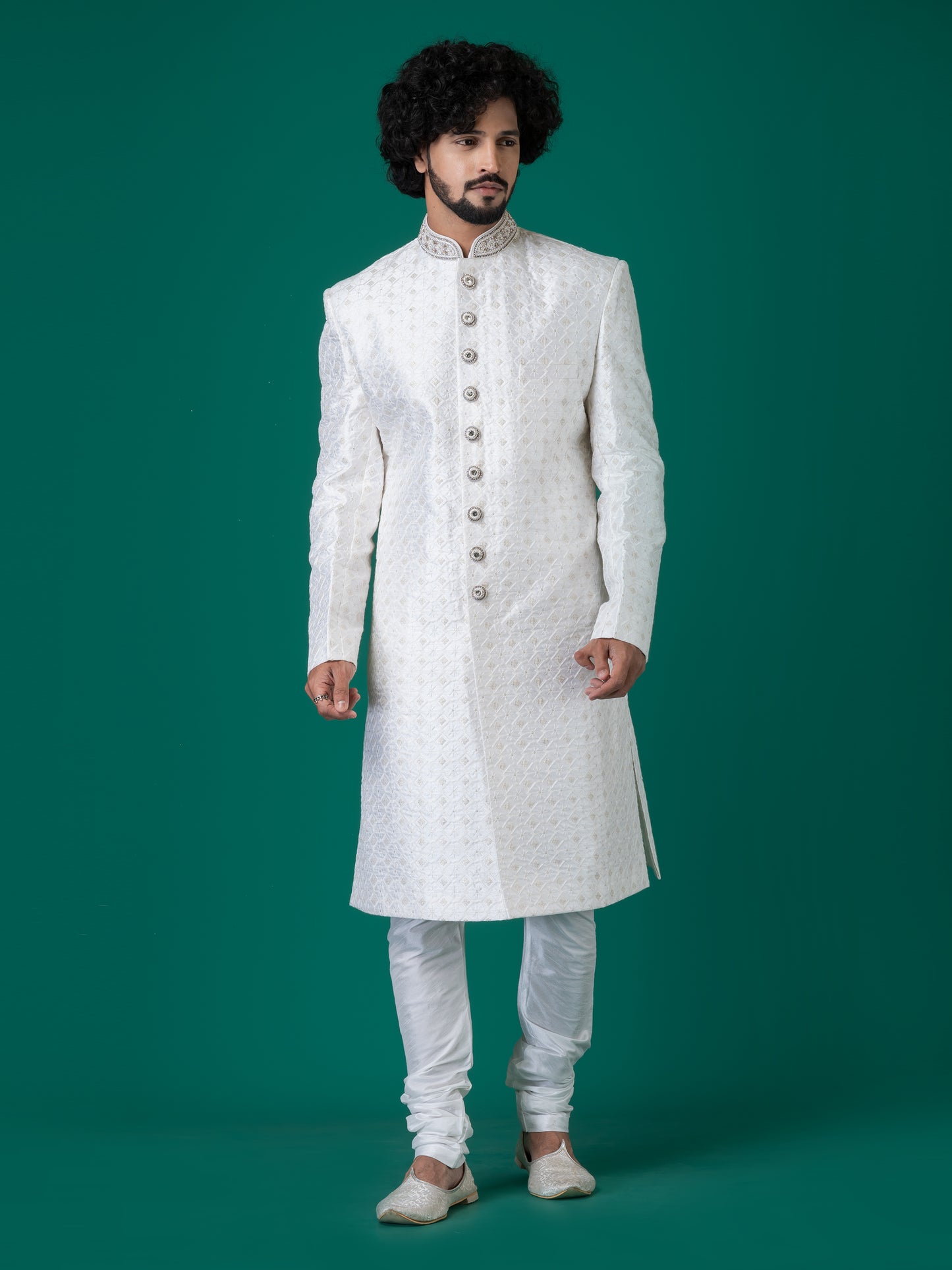 Lustrous Bleached White Sherwani with Neck Handwork