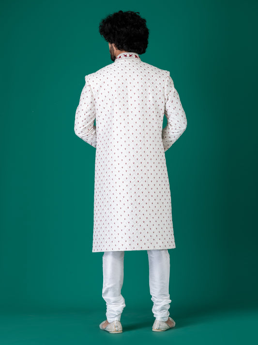 Splendid White Smoke Sherwani with Neck Handwork, Ruby Crystal Buttons