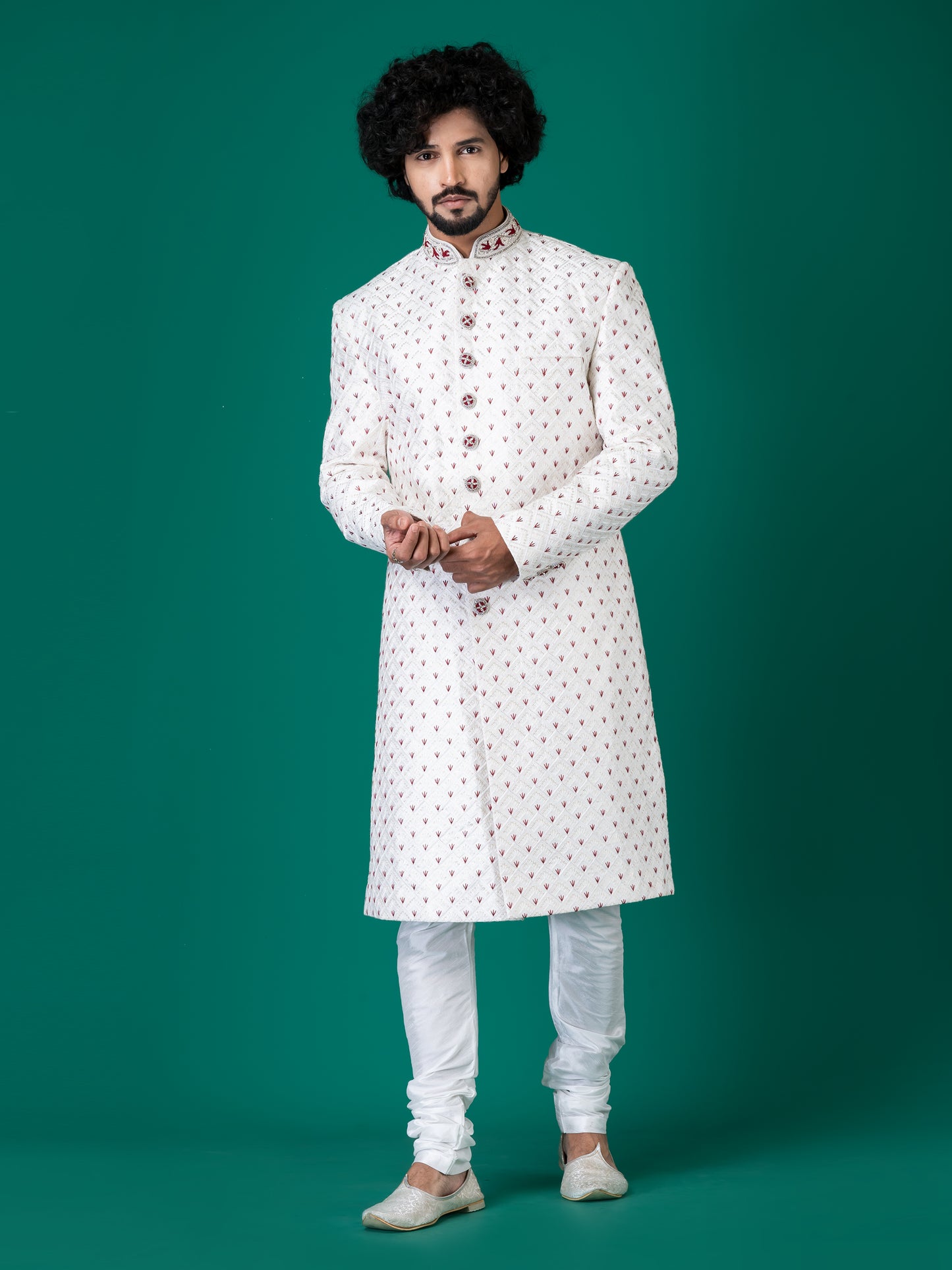 Splendid White Smoke Sherwani with Neck Handwork, Ruby Crystal Buttons