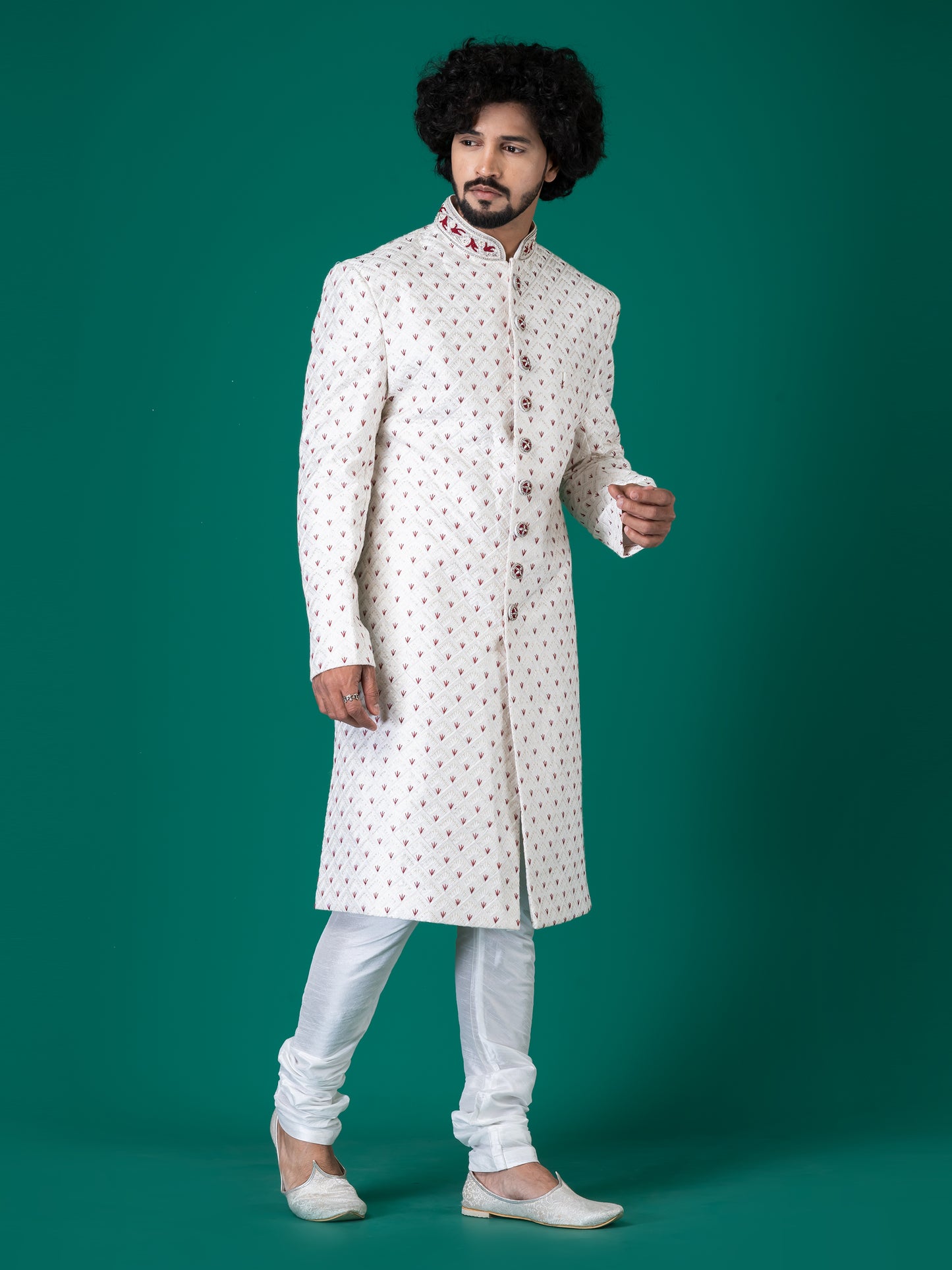 Splendid White Smoke Sherwani with Neck Handwork, Ruby Crystal Buttons