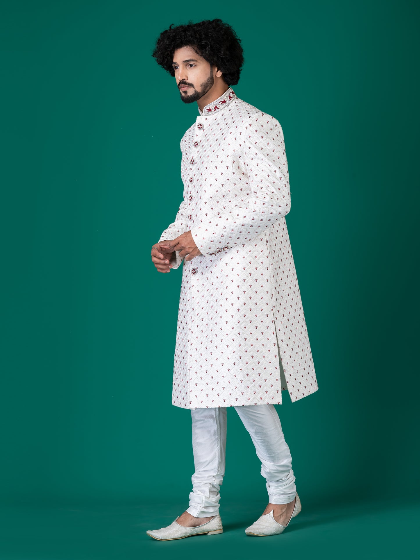 Splendid White Smoke Sherwani with Neck Handwork, Ruby Crystal Buttons