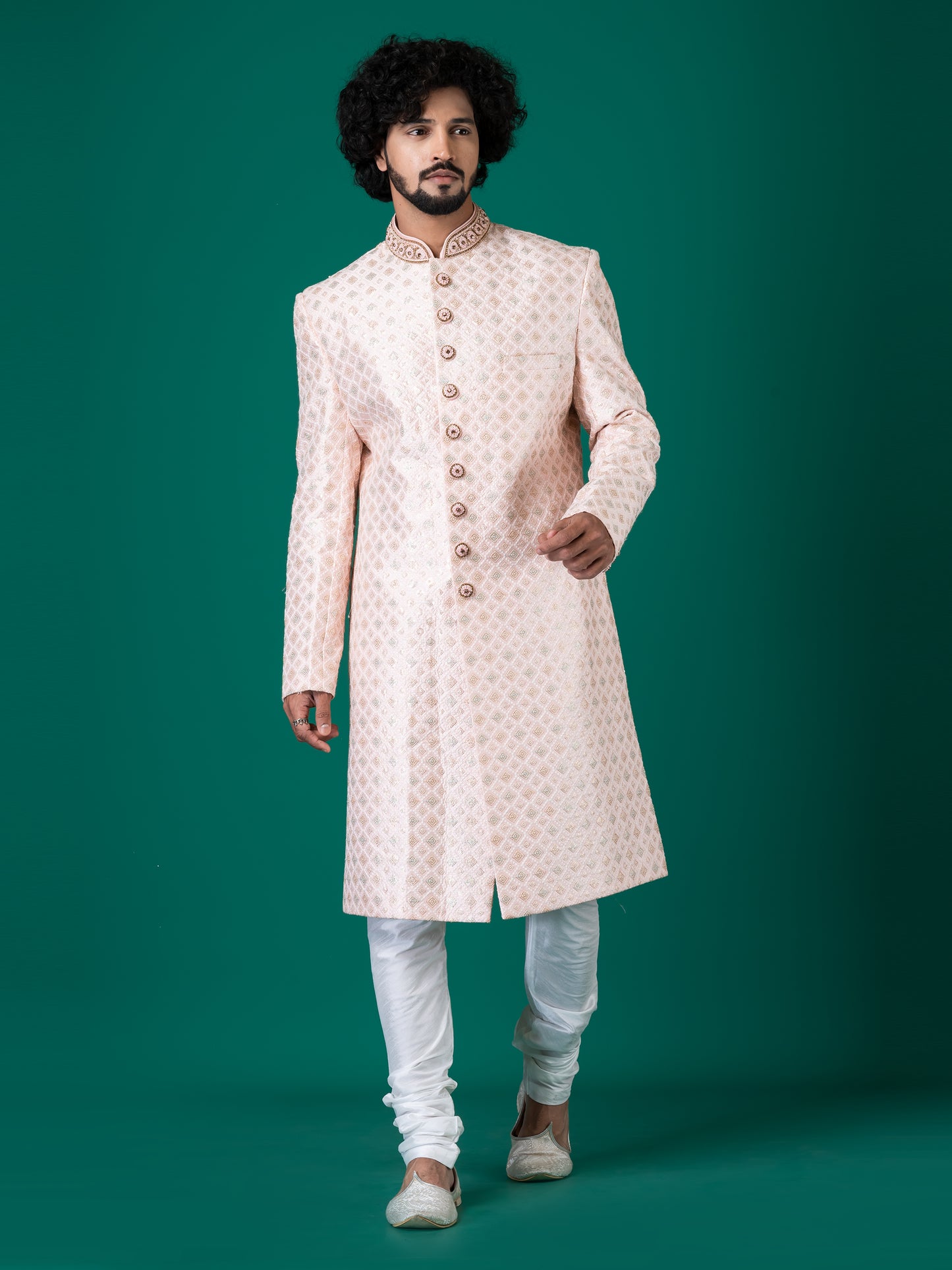 Majestic Mauve Chalk Sherwani with Neck Handwork