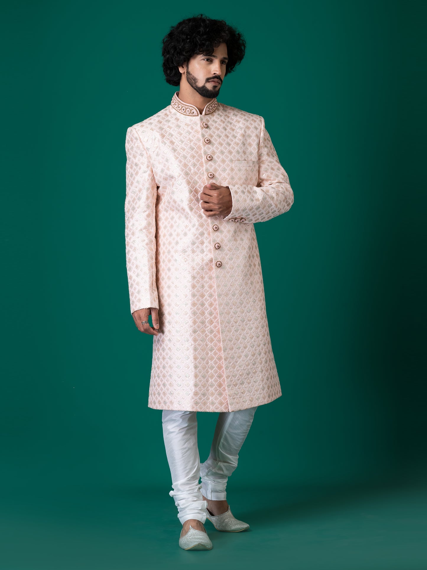 Majestic Mauve Chalk Sherwani with Neck Handwork