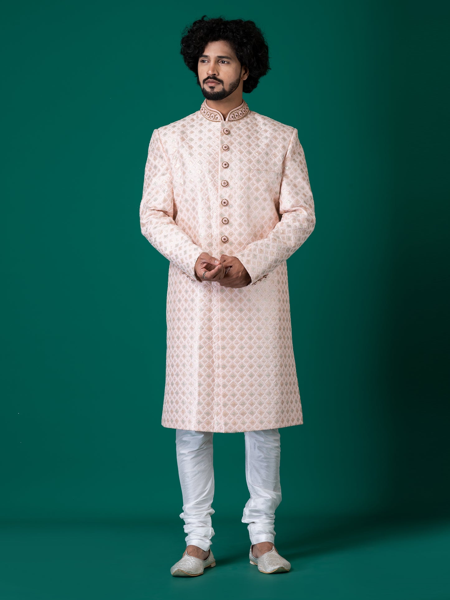 Majestic Mauve Chalk Sherwani with Neck Handwork