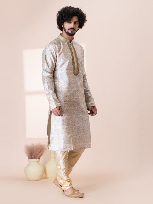 Elegant Bidwell Brown Silk Kurta Pajama Set with Neck Handwork