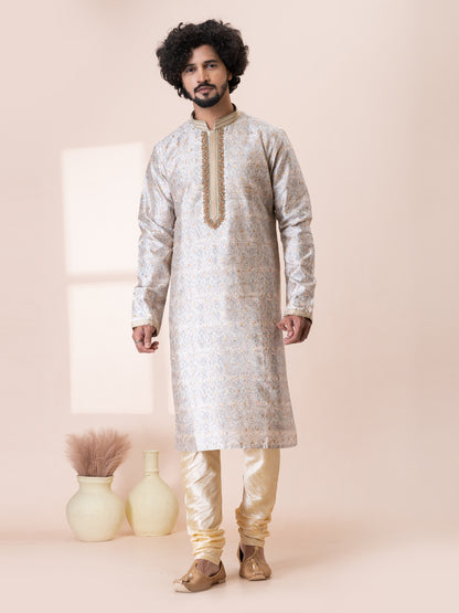 Elegant Bidwell Brown Silk Kurta Pajama Set with Neck Handwork
