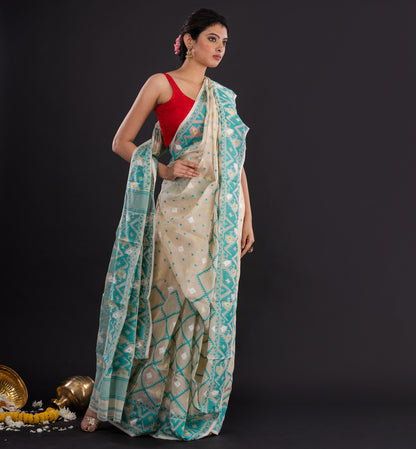 Elegant Handwoven Cotton Jamdani Saree – Ivory with Aqua Motifs