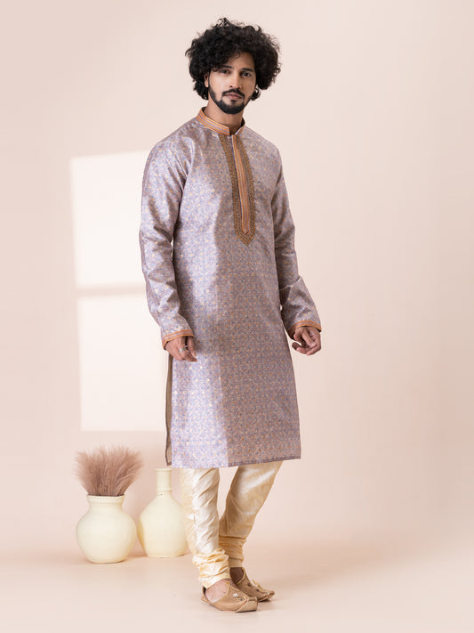 Dignified Cocoa Berry Silk Kurta Pajama Set with Neck Handwork