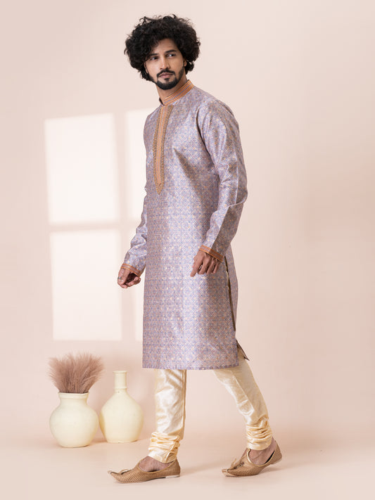 Dignified Cocoa Berry Silk Kurta Pajama Set with Neck Handwork