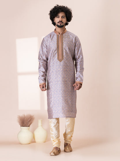 Dignified Cocoa Berry Silk Kurta Pajama Set with Neck Handwork