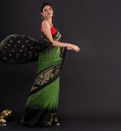 Handwoven Green & Black Cotton Silk Saree with Golden Zari Motifs