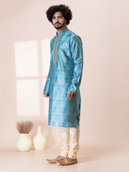 Majestic Moonstone Blue Silk Kurta Pajama Set with Neck Handwork