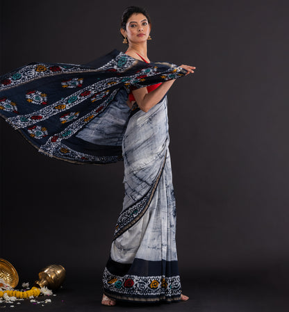 Monochrome Batik Cotton Saree with Tribal-Inspired Border
