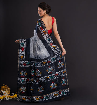Monochrome Batik Cotton Saree with Tribal-Inspired Border