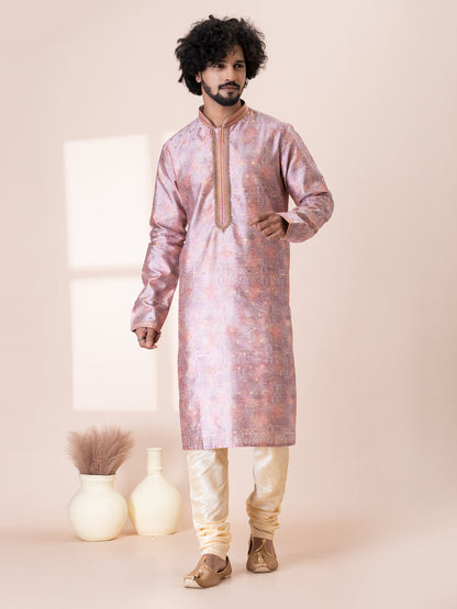 Striking Profound PinkSilk Kurta Pajama Set with Neck Handwork