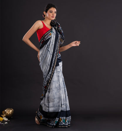 Monochrome Batik Cotton Saree with Tribal-Inspired Border