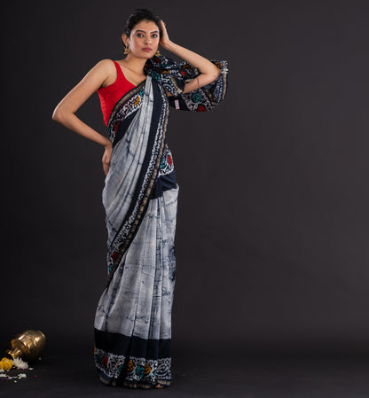 Monochrome Batik Cotton Saree with Tribal-Inspired Border