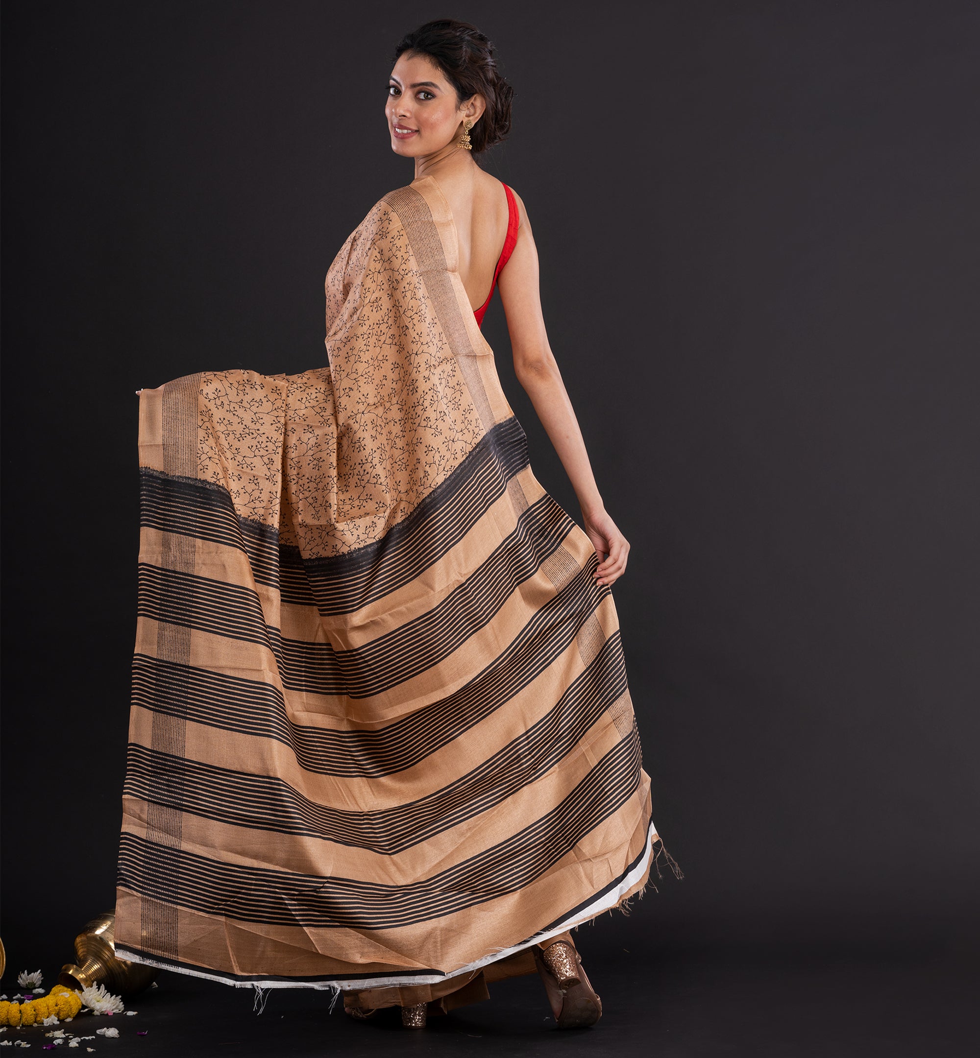 Beige & Black Dupion Silk Saree with Exquisite Floral Motifs