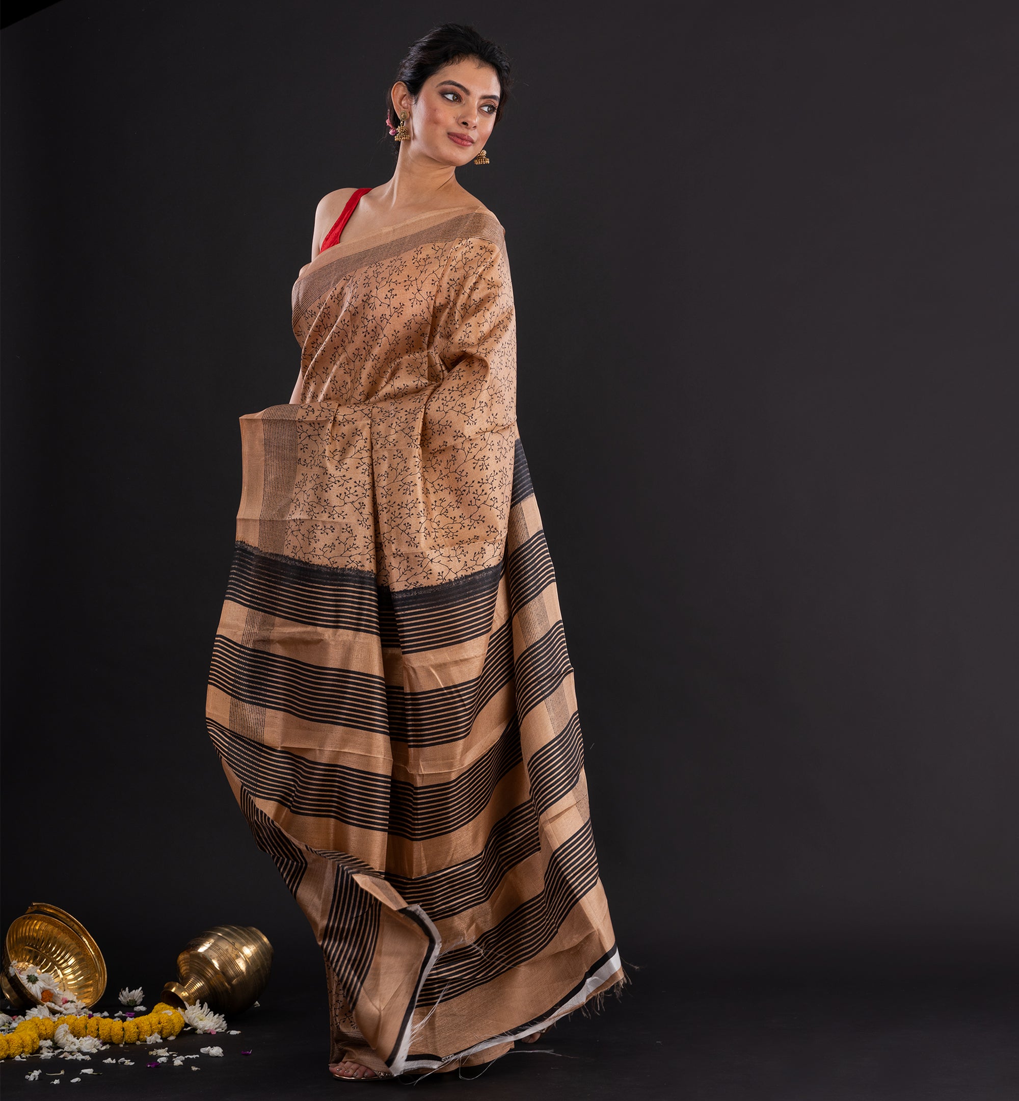 Beige & Black Dupion Silk Saree with Exquisite Floral Motifs