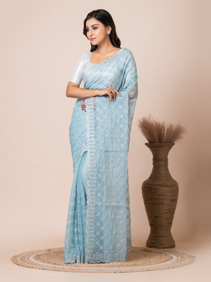 Elegant Sky Blue Net Saree with Embroidered Border