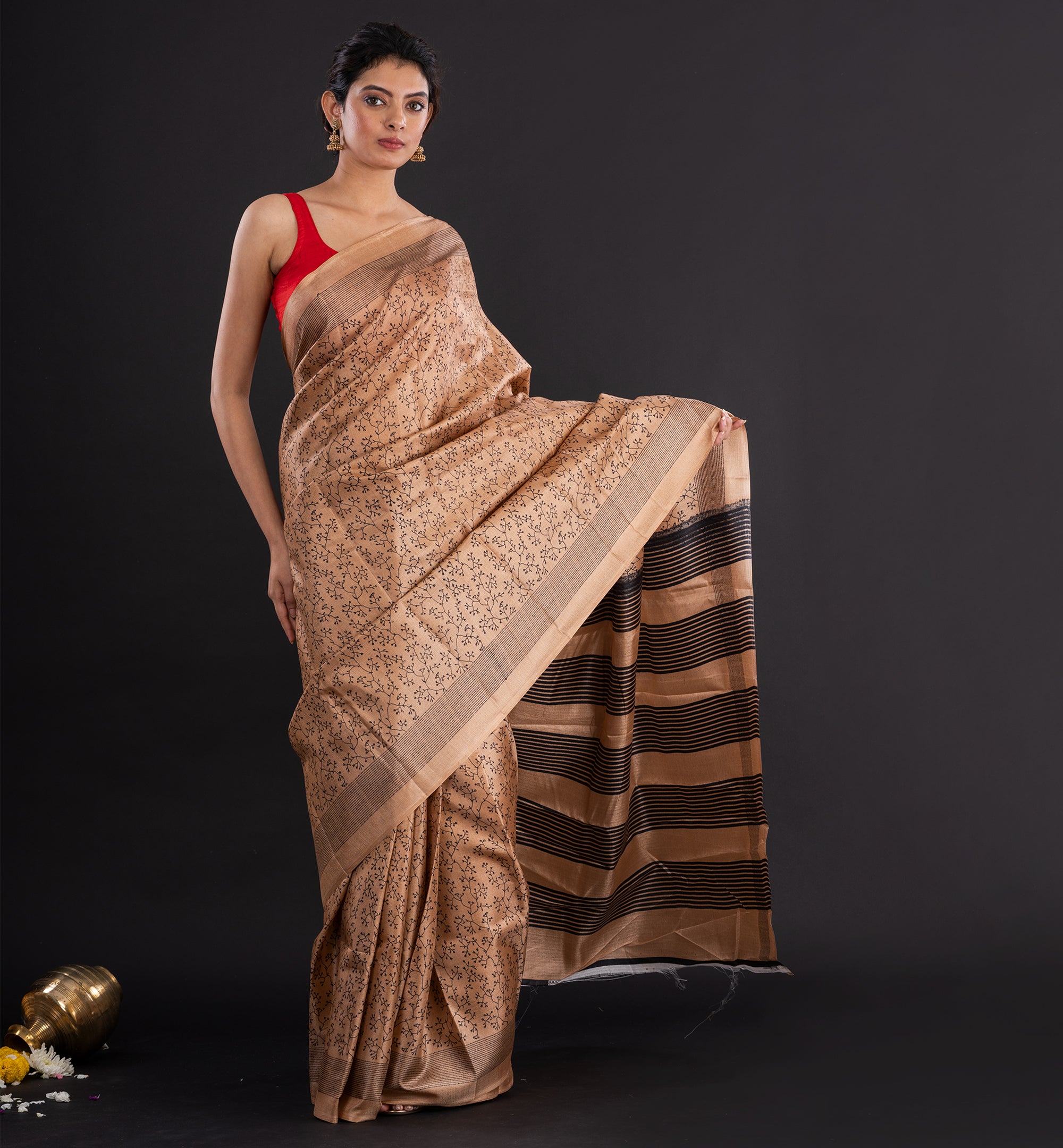 Beige & Black Dupion Silk Saree with Exquisite Floral Motifs