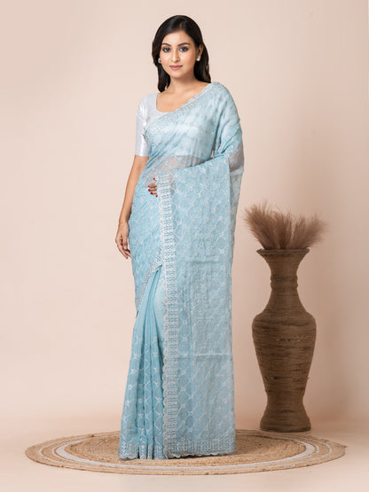 Elegant Sky Blue Net Saree with Embroidered Border