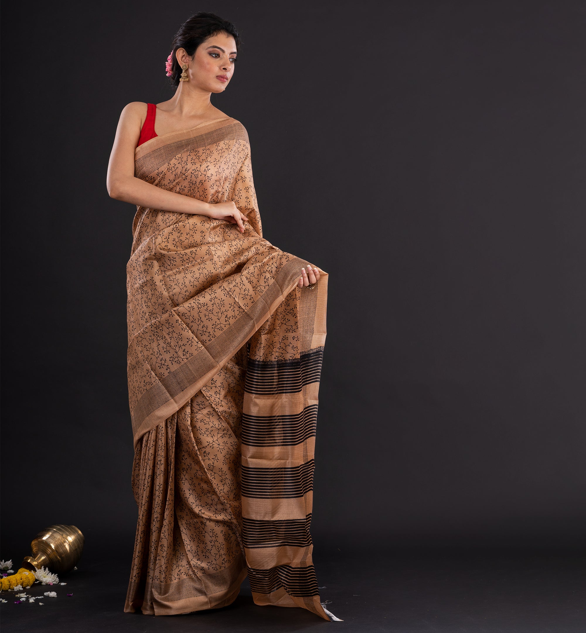 Beige & Black Dupion Silk Saree with Exquisite Floral Motifs