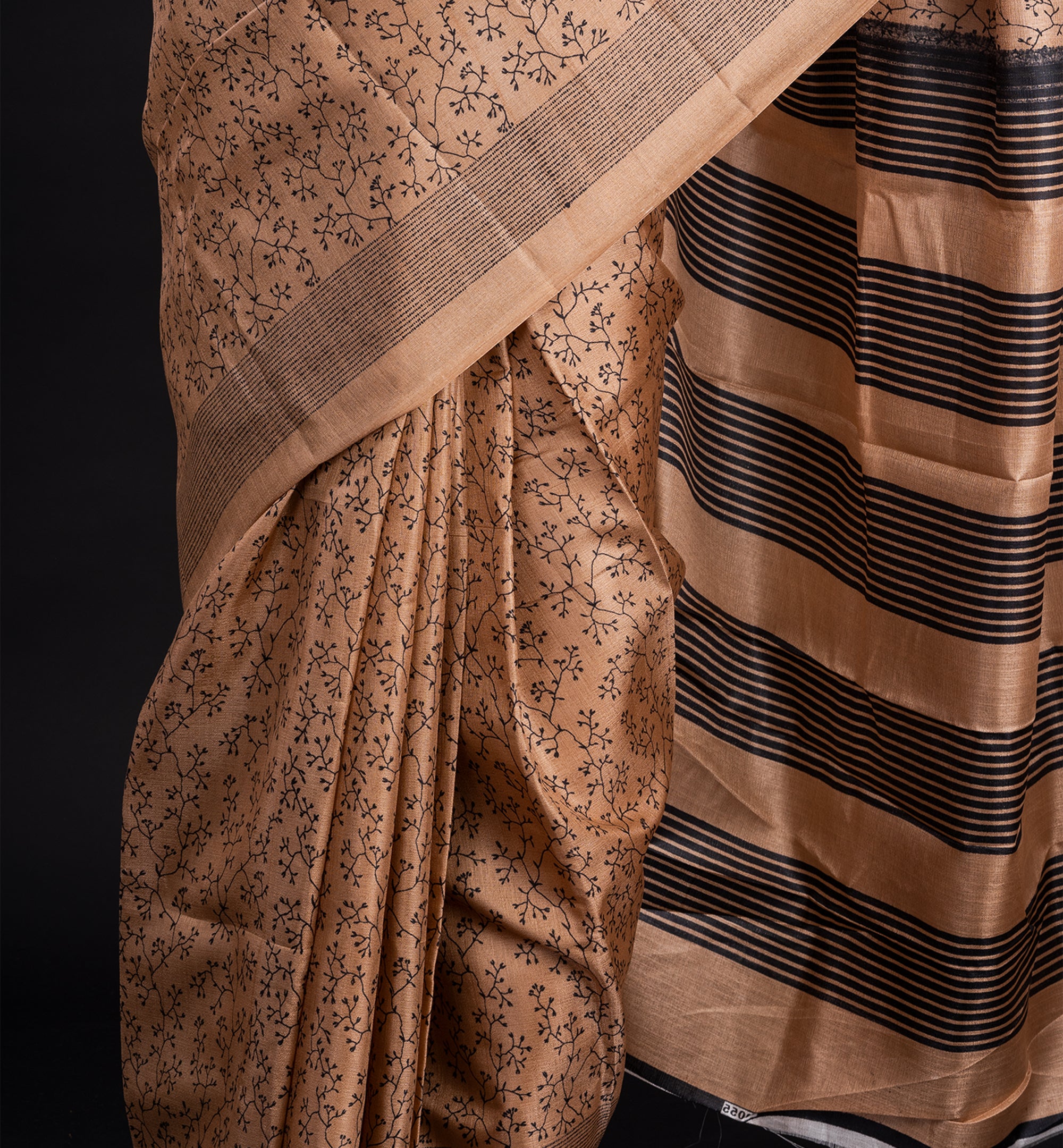 Beige & Black Dupion Silk Saree with Exquisite Floral Motifs