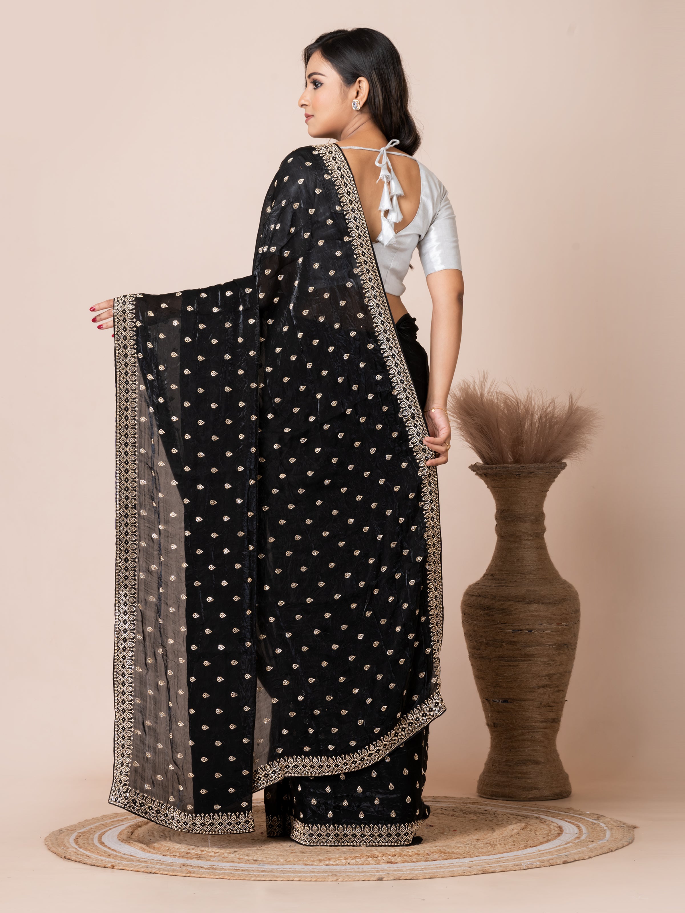 Classic Black Malmal Silk Saree with Embroidered Border