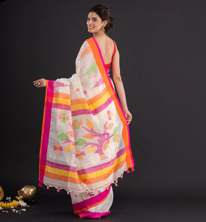 Ivory, Pink & Orange Handloom Boutique Cotton Saree