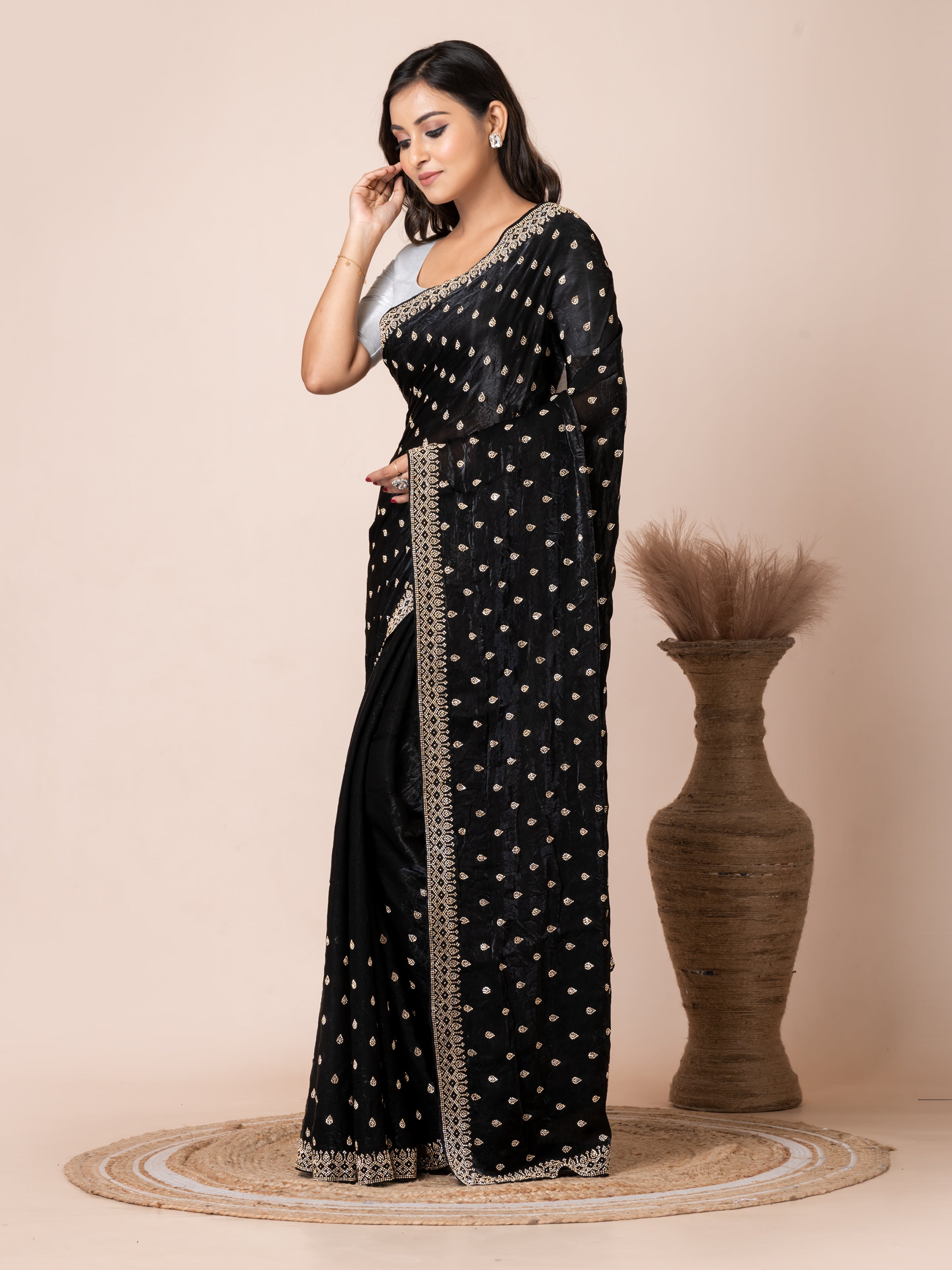 Classic Black Malmal Silk Saree with Embroidered Border