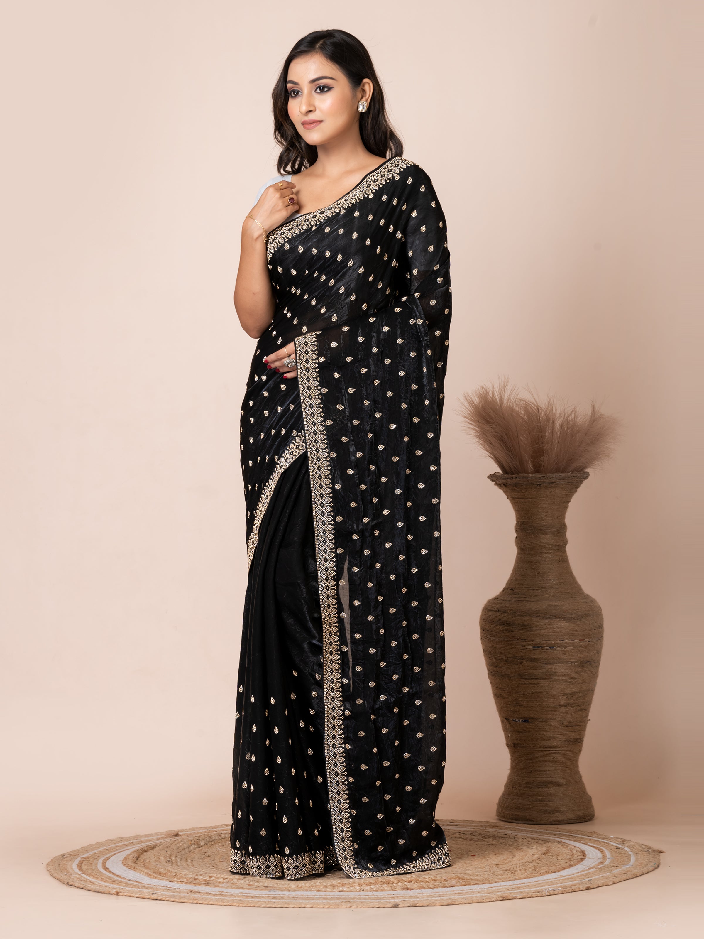 Classic Black Malmal Silk Saree with Embroidered Border