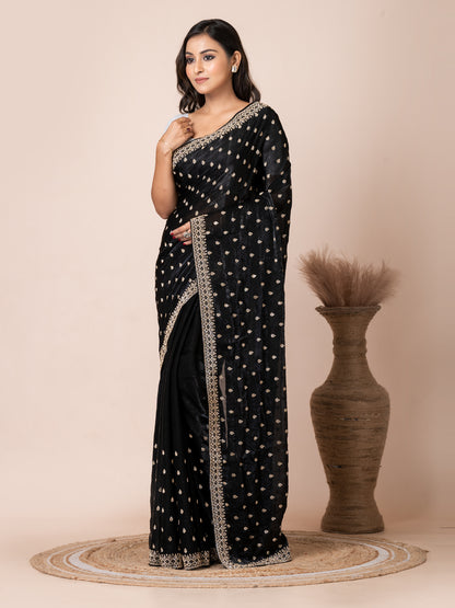 Classic Black Malmal Silk Saree with Embroidered Border