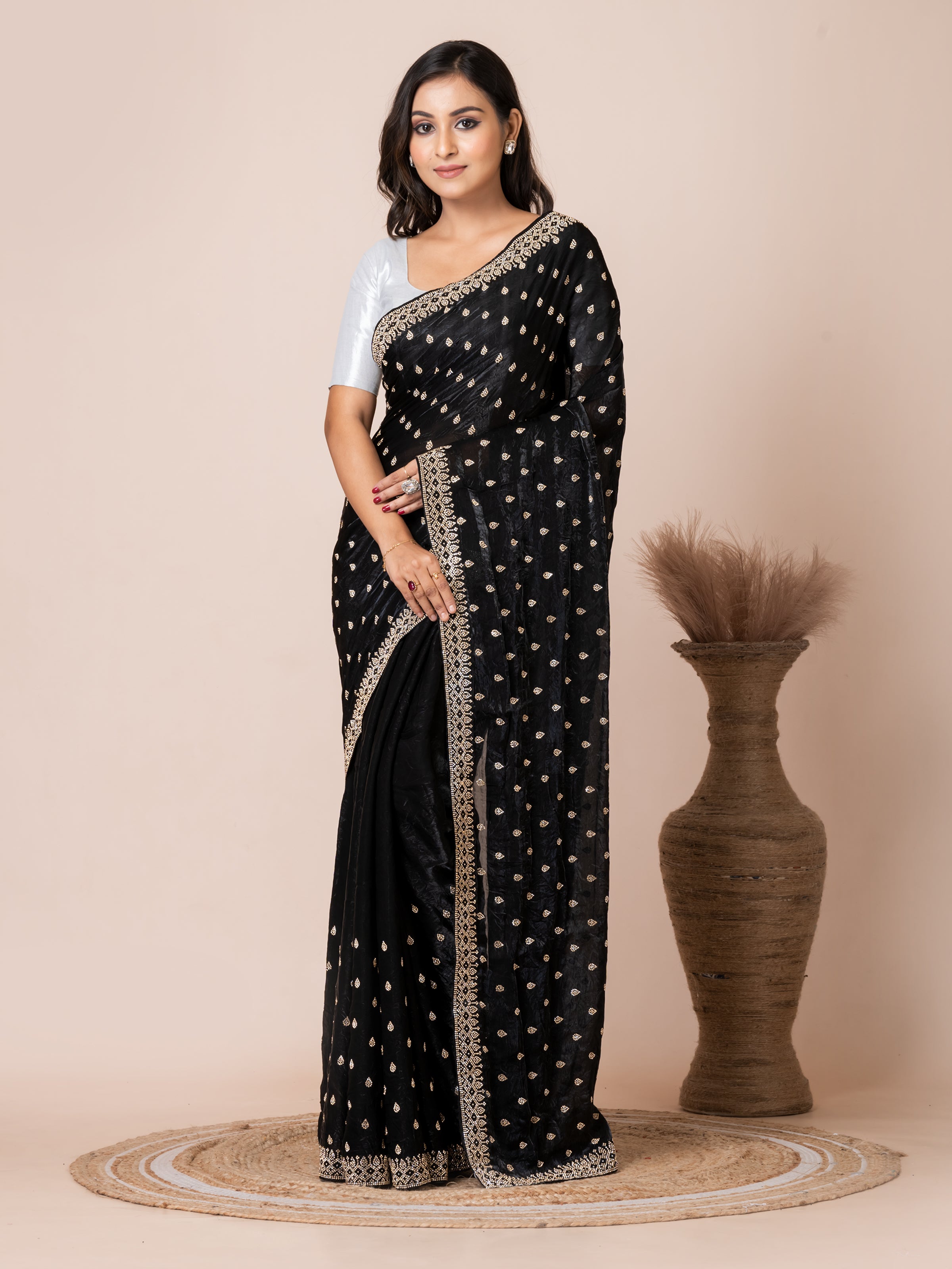 Classic Black Malmal Silk Saree with Embroidered Border