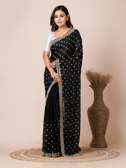 Classic Black Malmal Silk Saree with Embroidered Border