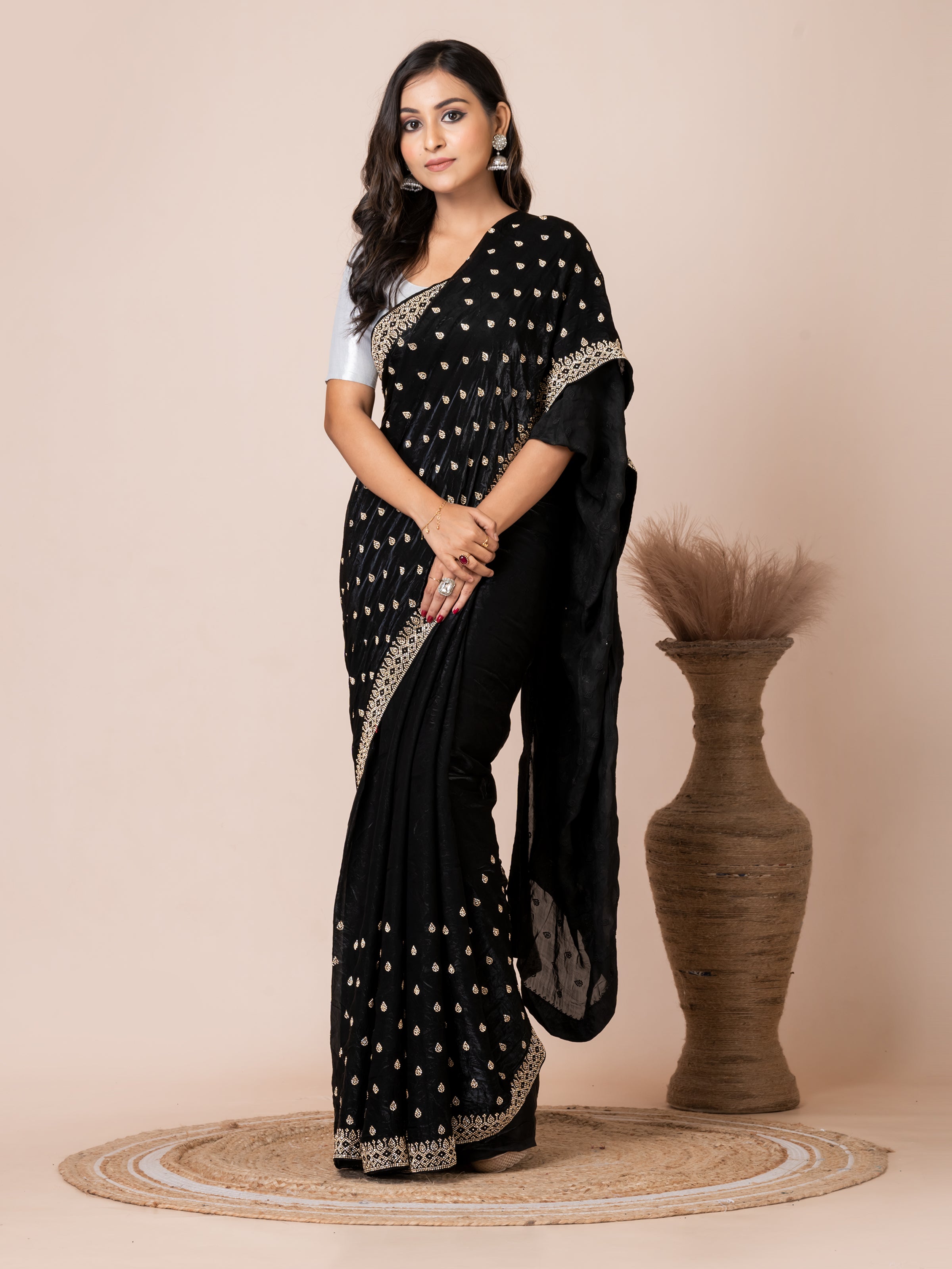 Classic Black Malmal Silk Saree with Embroidered Border