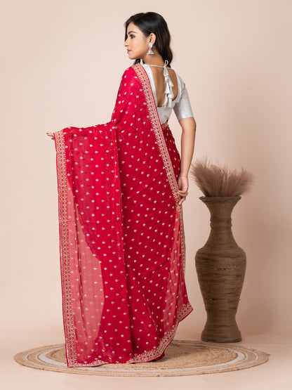 Vibrant Red Malmal Silk Saree with Embroidered Border