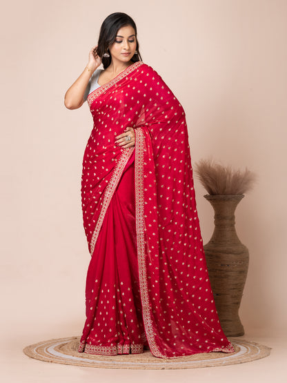 Vibrant Red Malmal Silk Saree with Embroidered Border