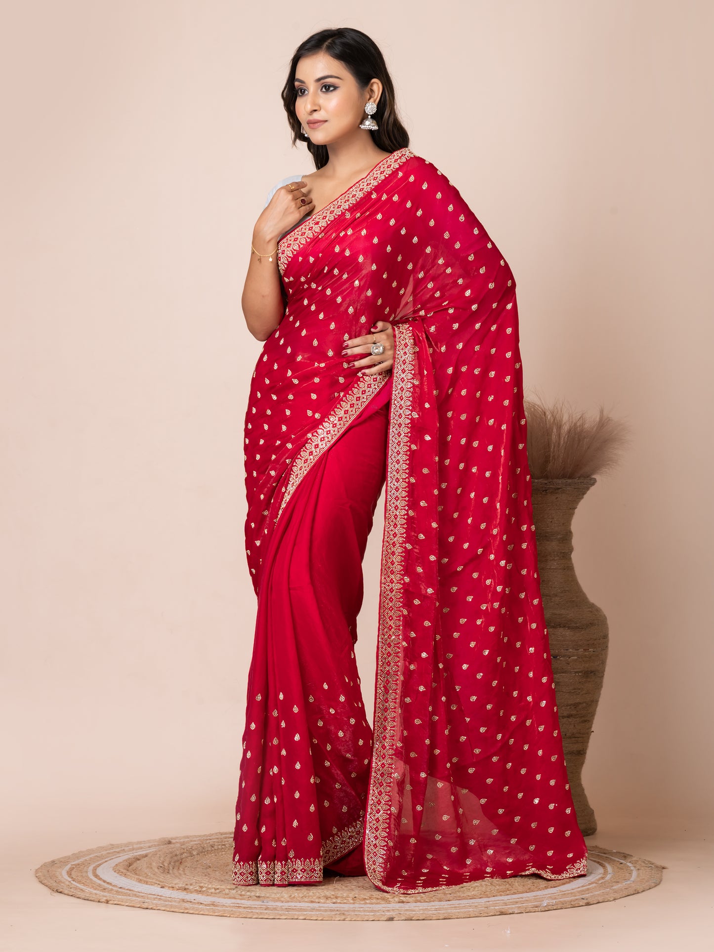 Vibrant Red Malmal Silk Saree with Embroidered Border