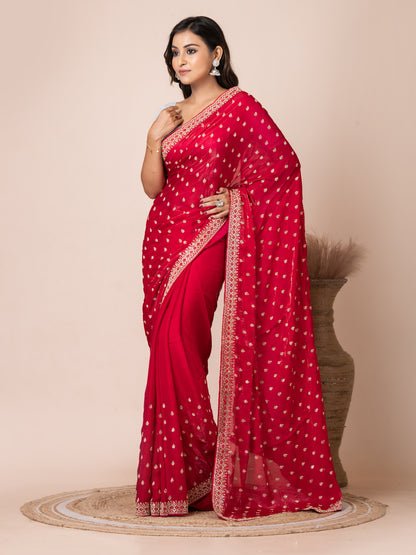 Vibrant Red Malmal Silk Saree with Embroidered Border
