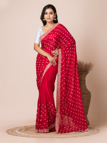 Vibrant Red Malmal Silk Saree with Embroidered Border