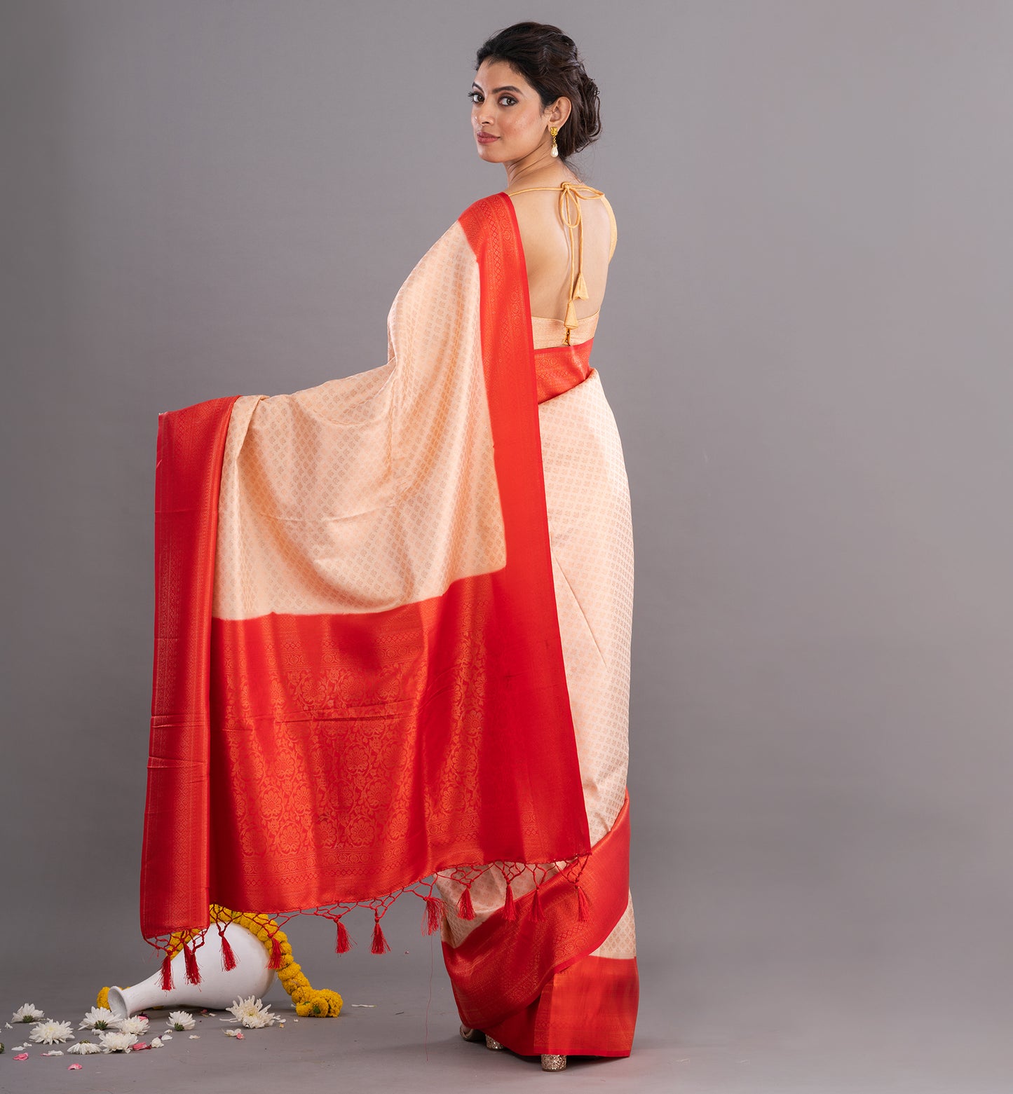 Peach & Red Jamdani Silk Saree with Intricate Weave
