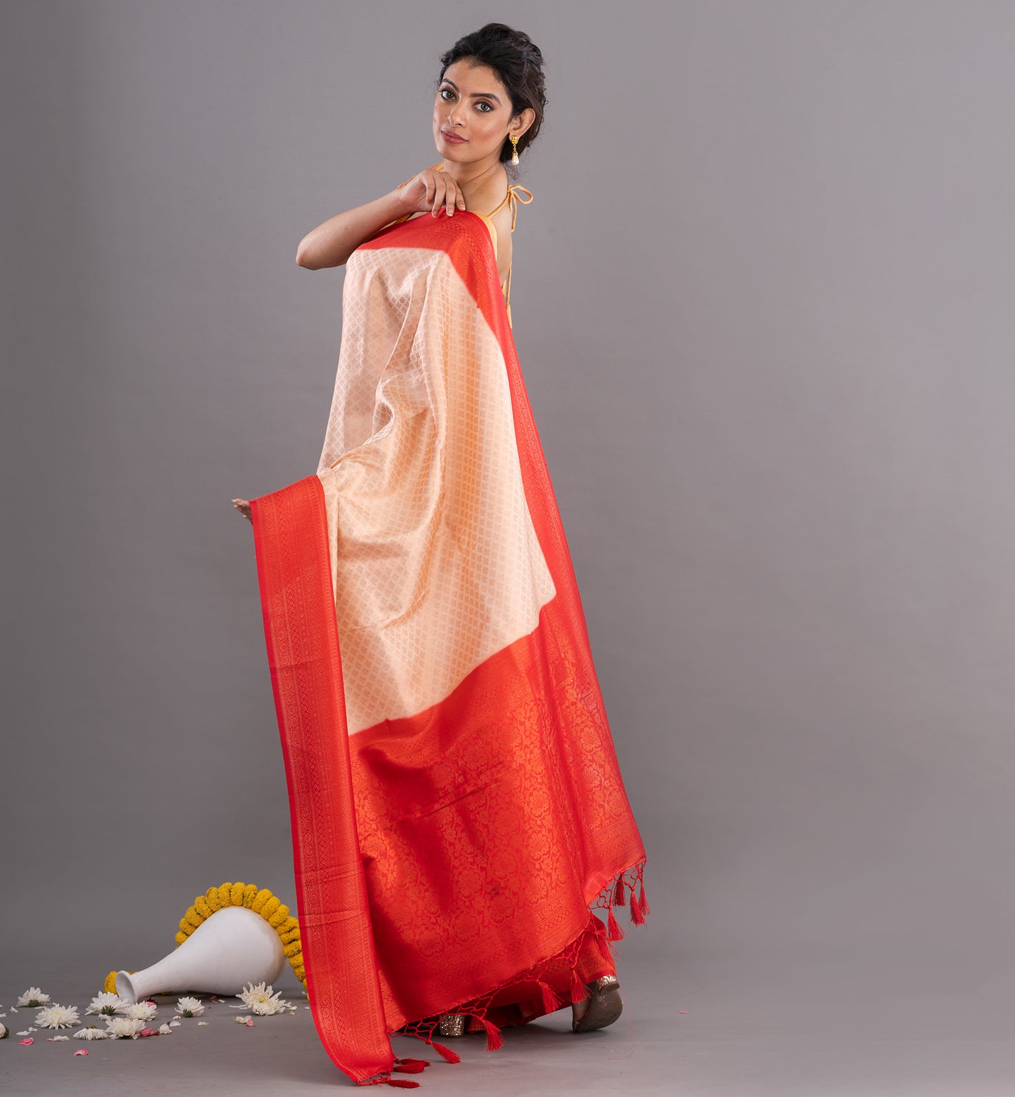 Peach & Red Jamdani Silk Saree with Intricate Weave