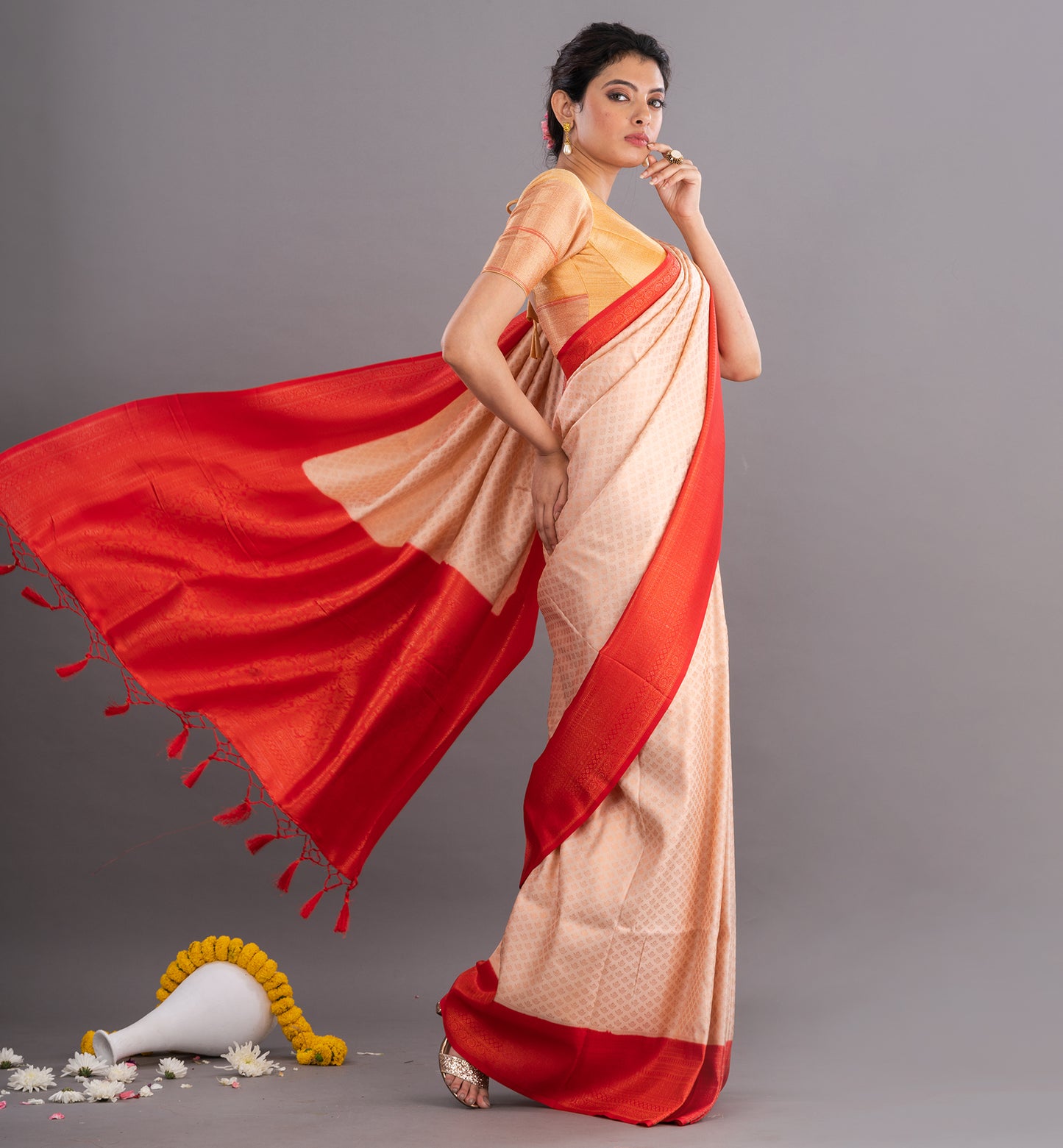 Peach & Red Jamdani Silk Saree with Intricate Weave
