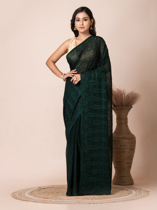 Luxurious Dark Green Fancy Chiffon Saree with Jal Work